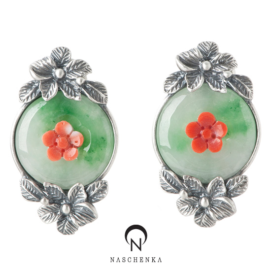 [나스첸카] 꽃비취 [실버 수공예 비취 산호 귀걸이]