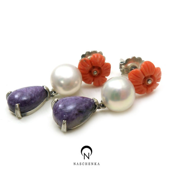 [나스첸카] 퍼플 보사노바 [실버 수공예 채로아이트 산호 귀걸이]