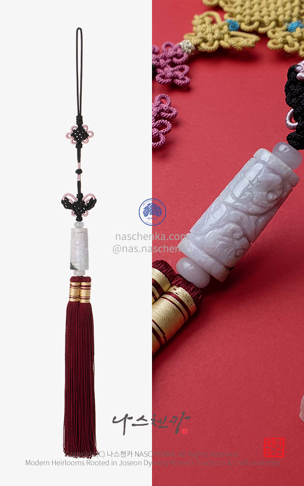 [나스첸카] 원통형 라벤더 비취 나비 매듭과 국화매듭 명주 노리개 