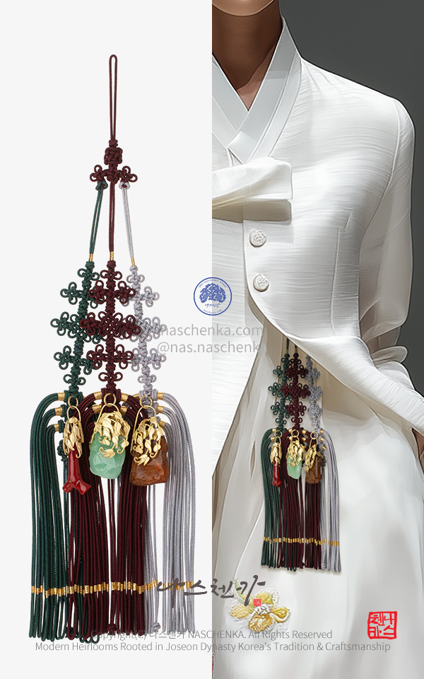 나스첸카] 한국 전통장신구, 오늘의 하이엔드 비취 산호 호박 삼작 명주 비단 노리개 낙지발  