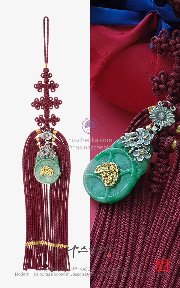 [나스첸카] 재운발복 천연 비취 모란 구중궁궐 은 세공 명주 자주 낙지발 노리개 