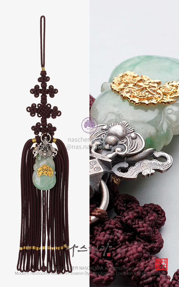 [나스첸카] 재운발복 천연 비취 모란 구중궁궐 박쥐문 은 세공 명주 자주 낙지발 노리개