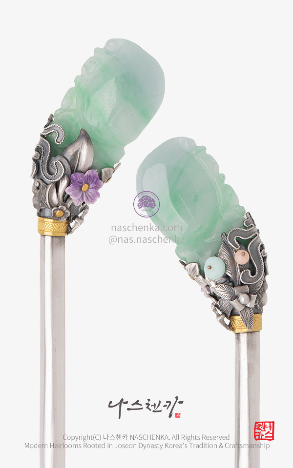[나스첸카] 권력의 중심 9. 조선 비취 전통 비녀 — 고급 천연석 나스첸카 은세공 전통공예 비취 비녀