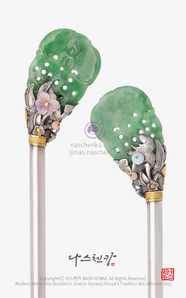 [나스첸카] 권력의 중심 10. 조선 비취 전통 비녀 — 고급 천연석 나스첸카 은세공 전통공예 비취 비녀