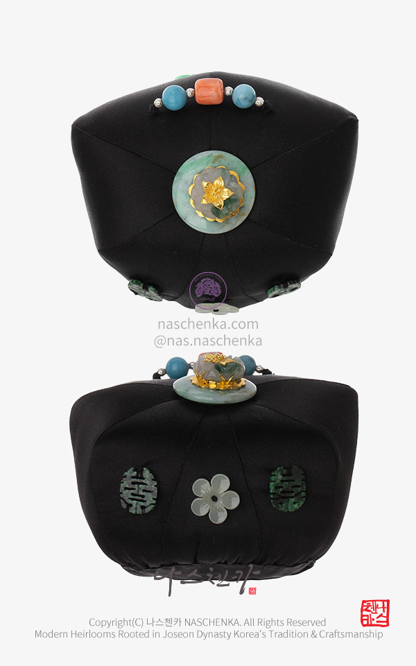 [나스첸카 오얏화(李花) 희(喜) 비취 족두리  무봉비취·천연 산호 은세공 검정 족두리  @nas.naschenka