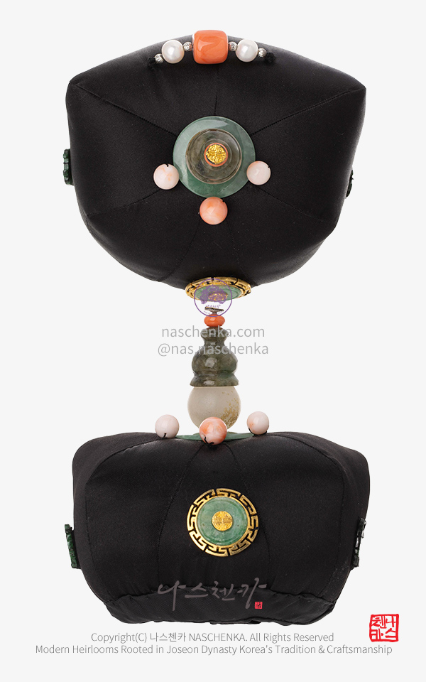 [나스첸카] 연화정(戀華頂) 핑크 산호·비취 은 족두리  